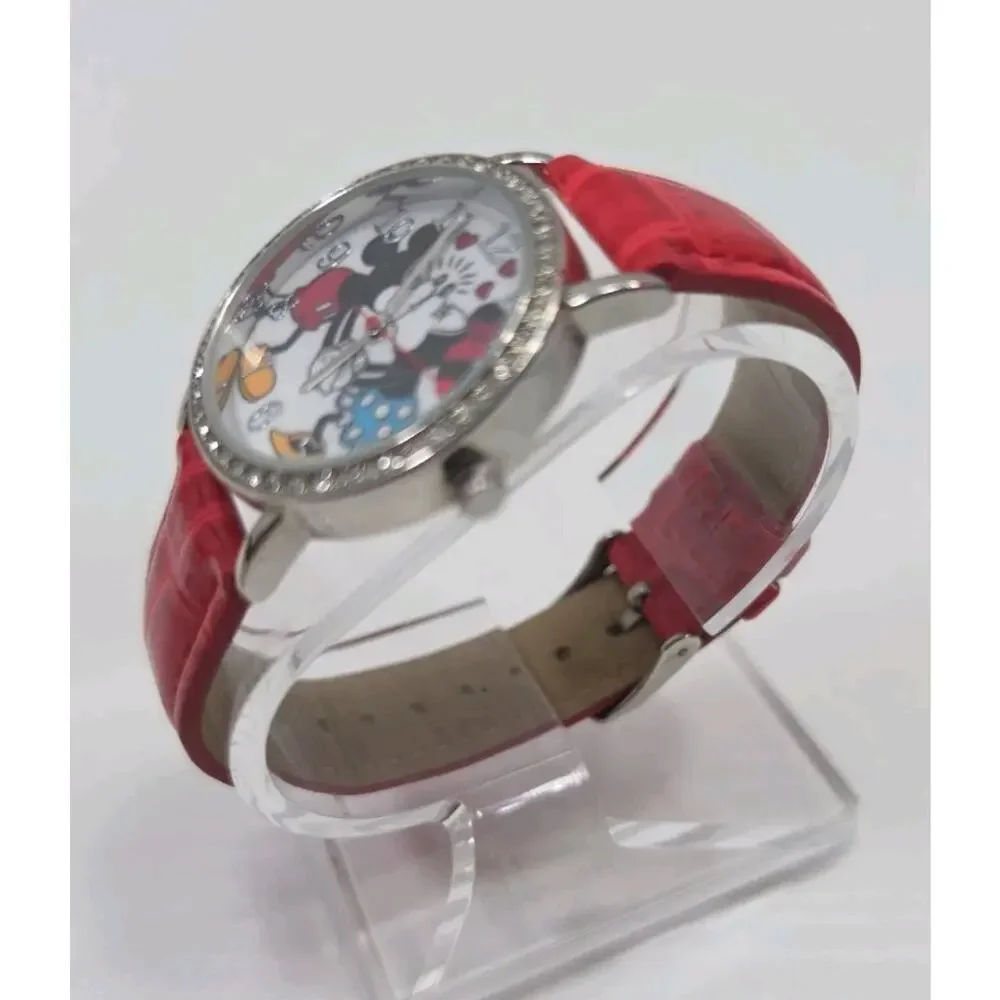 Disney Mickey and Minnie Kissing Watch Jeweled Bezel MCK1268 New Battery W253